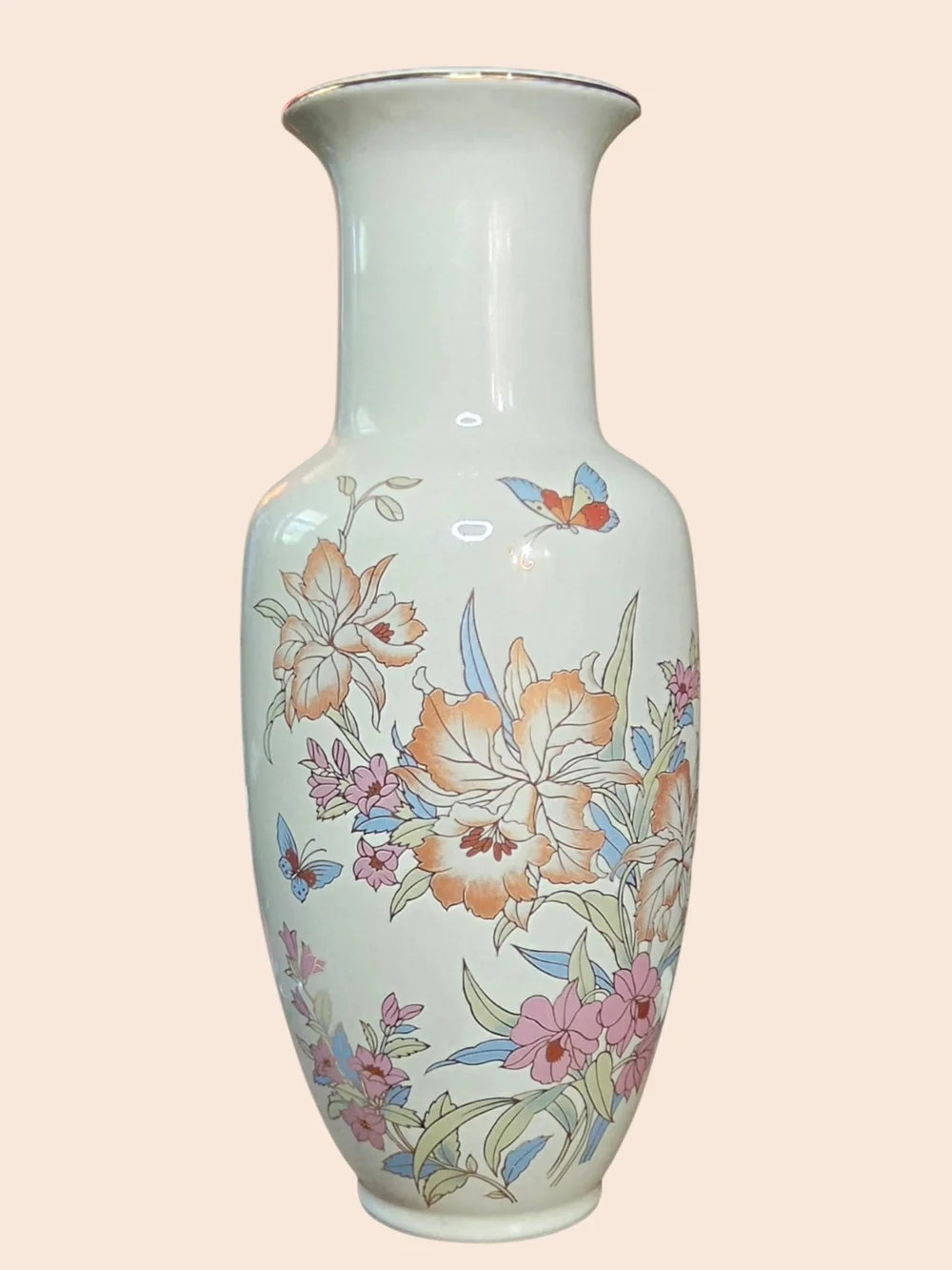 ​Vintage White Ceramic Floral Vase Gold Trim Butterfly Decor 12